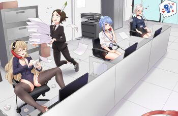 4girls absurdres ahoge alternate_costume badge black_choker black_hairband black_necktie blue_eyes blue_shirt braid brown_eyes brown_hair cabinet choker commission commissioner_upload computer_keyboard cubicle feather_hair female_corrin_(fire_emblem) file_cabinet fire_emblem fire_emblem:_three_houses fire_emblem_awakening fire_emblem_fates formal_clothes fujoshi hairband heart heart_in_eye highres implied_pornography lanyard long_hair long_sleeves low_twin_braids low_twintails marianne_von_edmund mars_symbol monitor multiple_girls necktie nina_(fire_emblem) nintendo noire_(fire_emblem) non-web_source office_lady paper_stack parted_bangs printer redkite333 shirt suit symbol_in_eye talking_on_phone tripping twin_braids twintails white_hair yaoi