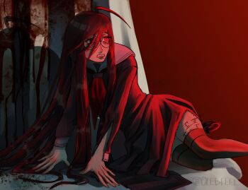 Rule 34 | 1girl, ahoge, blood, blood on ground, blood on wall, collared shirt, danganronpa (series), danganronpa another episode: ultra despair girls, eyelashes, fukawa toko, glasses, hair between eyes, highres, long hair, long sleeves, mole, mole under mouth, neckerchief, olegfeel, red neckerchief, round eyewear, sailor collar, scar, scar on leg, school uniform, serafuku, shirt, shoes, skirt, solo, tally, thighhighs, torn clothes, torn skirt, torn sleeve, very long hair, white sailor collar