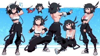 Rule 34 | absurdres, back, bare back, black hair, black pants, black sneakers, breasts, chibi, crab, cup, disposable cup, drinking, drinking soda, earphones, highres, listening to music, lucia (scott malin), nail polish, official art, pants, scott malin, shirt, shoes, sideboob, sitting, smile, sneakers, socks, sweat, sweatdrop, taking off shirt, the panty bear, tomboy, topless, v, white shirt