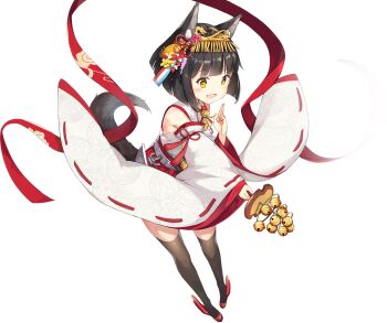 1girl :d alisa_(kuro_no_sakura) anchor animal_ears azur_lane bare_shoulders bell black_hair black_thighhighs blunt_bangs blush bob_cut detached_sleeves floral_print flower fox_ears fox_girl fox_tail from_above full_body hagoromo hair_ornament hand_up haori highres holding holding_staff japanese_clothes jingle_bell kagura_suzu kouhaku_nawa legs_apart long_sleeves mutsu_(azur_lane) non-web_source official_art open_mouth outstretched_arm perspective pigeon-toed red_shoes ribbon-trimmed_clothes ribbon-trimmed_sleeves ribbon_trim rope sakuramon shawl shide shimenawa shoes short_hair smile solo staff standing tachi-e tail thighhighs transparent_background wide_sleeves yellow_eyes zettai_ryouiki