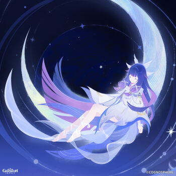 1girl absurdres barefoot blunt_bangs bow closed_eyes columbina_(genshin_impact) commentary company_name copyright_name dress english_commentary eye_mask genshin_impact hair_intakes hair_ribbon head_wings highres long_hair mask multicolored_hair official_art on_crescent pink_hair purple_hair ribbon solo star_(symbol) two-tone_hair very_long_hair white_bow white_dress white_ribbon wings wrist_bow