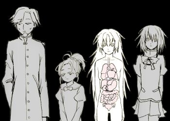 1boy anatomy black_background child entrails father_and_daughter greyscale highres intestines lungs mahou_shoujo_madoka_magica mermaidcandle miki_sayaka mitakihara_school_uniform monochrome organs sakura_kyoko sakura_kyoko's_father sakura_momo school_uniform