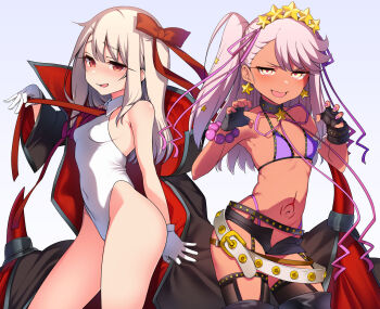 2girls :d armpits asymmetrical_bangs bb_(fate) bb_(fate)_(cosplay) bb_(swimsuit_mooncancer)_(second_ascension)_(fate) bb_(swimsuit_mooncancer)_(third_ascension)_(fate) belt bikini black_cloak black_garter_belt black_legwear black_shorts blush boots bow bracelet breasts chloe_von_einzbern choker claw_pose cloak collared_leotard contrapposto cosplay covered_erect_nipples covered_navel cowboy_shot dark-skinned_female dark_skin earrings fate/grand_order fate/kaleid_liner_prisma_illya fate_(series) fingerless_gloves garter_belt gloves gold_trim hair_bow hair_ornament hair_ribbon highleg highleg_bikini highleg_leotard highres illyasviel_von_einzbern jewelry leotard light_blush light_brown_hair long_hair looking_at_viewer loose_belt micro_shorts multiple_girls nail_polish navel necktie one_side_up open_fly open_mouth open_pants orange_eyes pants pink_hair purple_bikini purple_nails red_eyes revealing_clothes ribbon santa_(sunflower) short_shorts shorts sideboob sidelocks simple_background small_breasts smile star_(symbol) star_earrings star_hair_ornament stomach_tattoo studded_belt studded_garter_belt swept_bangs swimsuit tattoo thighhighs thighhighs_under_boots v-shaped_eyebrows white_belt white_gloves white_leotard white_theme wing_collar