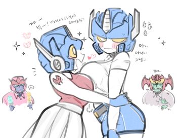 2boys 2girls asymmetrical_docking beast_wars beast_wars_ii beast_wars_neo belt big_convoy black_belt blue_gloves blue_shorts breast_press breasts clothed_robot collared_shirt food galvatron gloves grey_shirt heart holding holding_food ice_cream korean_commentary korean_text large_breasts lio_convoy magmatron maximal mecha multiple_boys multiple_girls one_eye_closed open_mouth pink_shirt predacon red_shirt robot science_fiction seo_daming shirt shorts sketch skirt surprised transformers translation_request white_skirt yellow_eyes