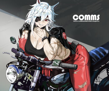 1girl absurdres ahoge animal_ears belt black_belt black_jacket black_tank_top bracelet breasts cleavage colored_skin commentary commission english_commentary english_text eyepatch grin guile_(cedar) highres jacket jacket_on_shoulders jewelry lapels large_breasts leaning_forward leather leather_jacket long_hair looking_at_viewer motor_vehicle motorcycle multicolored_skin on_motorcycle original pants park_ongjol red_eyes red_pants red_skin ringed_eyes scar scar_on_arm scar_on_hand scar_on_stomach smile solo spiked_bracelet spikes tank_top toned toned_female torn_clothes torn_pants tsurime two-tone_skin vehicle_request white_hair