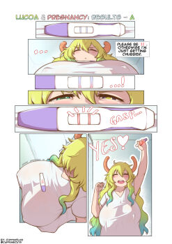 1girl aqua_hair artist_name blonde_hair blush breasts coffeeslice comic dragon_girl gradient_hair happy heterochromia highres horns huge_breasts kobayashi-san_chi_no_maidragon long_hair lucoa_(maidragon) multicolored_hair pregnancy_test pregnant shirt sidelocks twitter_username very_long_hair