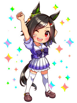 animal_ears arms_up bandaid bandaid_on_cheek bandaid_on_face black_hair blush bow bowtie breasts chibi chibi_only collarbone commentary_request full_body hair_ornament hairclip highres horse_ears horse_girl horse_tail large_breasts looking_at_viewer one_eye_closed open_mouth pleated_skirt puffy_short_sleeves puffy_sleeves purple_bow purple_bowtie purple_shirt red_eyes sailor_collar sailor_shirt school_uniform shirt shoes short_hair short_sleeves skirt smile solo sugimotty_nova swept_bangs tail teeth thighhighs tracen_school_uniform umamusume upper_teeth_only white_sailor_collar white_skirt white_thighhighs winning_ticket_(umamusume) zettai_ryouiki