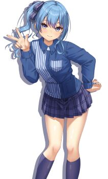 1girl absurdres blue_eyes blue_hair blue_nails blush breasts commentary_request commission hand_on_own_hip highres hololive hoshimachi_suisei kneehighs leaning_forward looking_at_viewer paid_reward_available pleated_skirt satera_23 side_ponytail simple_background skeb_commission skirt small_breasts smile socks solo tachi-e virtual_youtuber w white_background