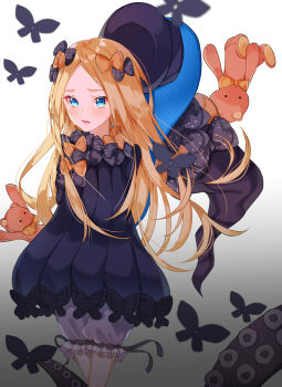 1girl abigail_williams_(fate) abigail_williams_(first_ascension)_(fate) absurdres arms_behind_back black_bow black_butterfly black_dress black_hat blonde_hair bloomers blue_eyes blush bow bowtie bug butterfly cowboy_shot crying crying_with_eyes_open dress dress_bow fate/grand_order fate_(series) gradient_background grey_background hat hat_bow highres insect long_hair long_sleeves looking_at_viewer open_mouth orange_bow sad sidelocks simple_background solo standing stuffed_animal stuffed_toy tears teddy_bear teeth tentacles underwear unworn_headwear white_background white_bloomers witch_hat yunoji_(onigiri_yumi09)
