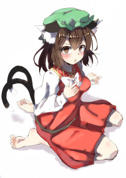 1girl :o animal_ear_fluff animal_ear_piercing animal_ears barefoot blush bow bowtie breasts brown_eyes brown_hair cat_ears cat_tail chen commentary_request double-parted_bangs dress earrings from_above furrowed_brow gold_trim hair_between_eyes hands_up hat highres jewelry long_sleeves looking_at_viewer medium_breasts medium_hair mob_cap multiple_tails nekomata open_mouth puffy_long_sleeves puffy_sleeves red_dress seika_okawari seiza shadow simple_background single_earring sitting sketch soles solo tail toes touhou two_tails v-shaped_eyebrows white_background white_bow white_bowtie