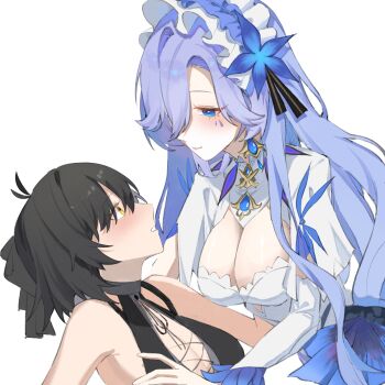 2girls absurdres bare_shoulders black_hair blue_eyes blue_flower blush breasts cantarella_(wuthering_waves) chinese_commentary cleavage closed_mouth commentary_request earrings eye_contact female_rover_(wuthering_waves) flower hair_flower hair_ornament headdress highres jewelry long_hair looking_at_another medium_breasts multiple_girls purple_hair rover_(wuthering_waves) shrug_(clothing) smile white_shrug wuthering_waves yellow_eyes youmiao_oxo yuri