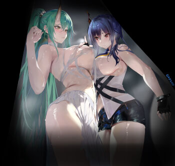 2girls absurdres arknights artist_name asymmetrical_docking black_gloves black_shorts blue_hair blush breast_press breasts ch&#039;en_(arknights) chest_sarashi commentary_request crossed_bangs dragon_girl dragon_horns fingerless_gloves gloves green_hair hair_between_eyes hakama hand_on_another&#039;s_chest highres horns hoshiguma_(arknights) hoshiguma_the_breacher_(arknights) huge_breasts in_locker japanese_clothes large_breasts long_hair looking_at_another multiple_girls parted_lips ponytail red_eyes sarashi shirt short_shorts shorts single_horn skin-covered_horns teeth torn_clothes torn_hakama undone_sarashi wet white_hakama white_shirt yellow_eyes zhenli_trigger