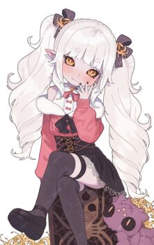 1girl black_nails blush commentary commission crossed_legs english_commentary highres indie_virtual_youtuber long_hair pointy_ears possummachine sample_watermark sitting skirt thighhighs twintails virtual_youtuber watermark watermark_grid white_hair