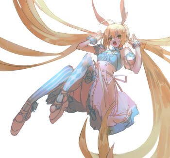 1girl absurdres ahoge animal_ears artoria_caster_(fate) artoria_caster_(swimsuit_berserker)_(second_ascension)_(fate) artoria_pendragon_(fate) bare_shoulders breasts commentary_request detached_sleeves fate/grand_order fate_(series) green_eyes highres koura_higure long_hair looking_at_viewer medium_breasts open_mouth rabbit_ears skirt thighhighs twintails twitter_username very_long_hair