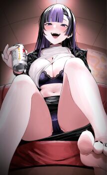 1girl :d barefoot beer_can black_choker black_hair black_jacket black_nails black_skirt blunt_bangs blush bra braid breasts can ceiling choker cleavage cleavage_cutout clothes_lift clothing_cutout commentary couch drink_can drunk ear_piercing earclip earrings feet from_below highres indoors jacket jewelry lace lace-trimmed_bra lace_bra lace_panties lace_trim large_breasts leather leather_jacket looking_at_viewer miniskirt mole mole_under_mouth motto_notto multicolored_hair nail_polish navel on_couch open_clothes open_jacket open_mouth original panties pencil_skirt piercing purple_bra purple_eyes purple_hair purple_panties shirt shirt_lift sitting skirt sleeveless sleeveless_shirt smile solo stud_earrings symbol-only_commentary teeth toenail_polish toenails two-tone_hair underwear upskirt white_shirt