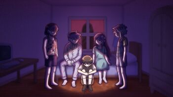 1girl 4boys antenna_hair aubrey_(headspace)_(omori) aubrey_(omori) barefoot basil_(headspace)_(omori) basil_(omori) bed black_eyes black_hair black_shoes black_sweater_vest blue_overalls blue_shirt bow checkered_clothes collarbone collared_pajamas collared_shirt colored_skin commentary computer_keyboard computer_mouse english_commentary flower flower_wreath green_hair green_shirt hair_bow head_wreath hero_(headspace)_(omori) hero_(omori) highres kel_(headspace)_(omori) kel_(omori) knees_up long_hair long_shirt long_sleeves looking_at_another monitor multiple_boys no_mouth omori on_bed overall_shorts overalls pajamas pants pink_bow purple_eyes purple_shorts setosexual shirt shoes short_hair short_sleeves shorts sidelocks sitting socks something_(omori) standing striped_clothes striped_pajamas striped_pants sunny_(omori) sweater_vest t-shirt tank_top vertical-striped_clothes vertical-striped_pajamas vertical-striped_pants white_pajamas white_pants white_shirt white_skin white_socks window