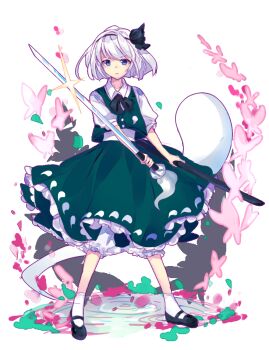 1girl :| black_neckwear bloomers blue_eyes bug butterfly closed_mouth collared_shirt expressionless frilled_skirt frills green_skirt green_vest hair_between_eyes hairband highres hitodama hitodama_print holding holding_weapon insect katana konpaku_youmu lips looking_at_viewer mary_janes petals reverse_grip sheath shine shirt shoes short_hair short_sleeves silver_hair simple_background skirt socks solo sword thighs touhou underwear user_fapn5825 vest weapon white_background white_shirt