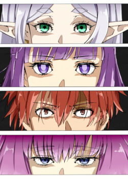 Rule 34 | 1boy, 3girls, aura (sousou no frieren), black background, blue eyes, blunt bangs, border, brown eyes, commentary, cut-in, elf, english commentary, fern (sousou no frieren), frieren, green eyes, grey hair, hair between eyes, multiple girls, parody, persona, pink hair, pointy ears, purple eyes, purple hair, red hair, scar, scar on face, short hair, sousou no frieren, stark (sousou no frieren), style parody, torako (toramaru), white border