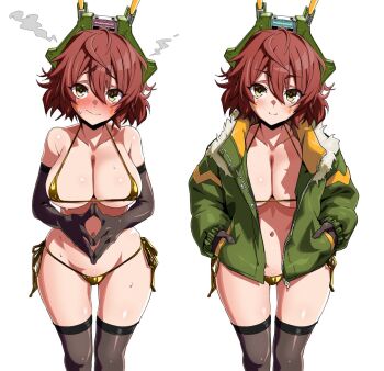 1girl bikini black_gloves black_thighhighs blush breasts brown_hair cosmic_break embarrassed fur-trimmed_jacket fur_trim gloves gold_bikini hands_in_pockets headgear highres jacket large_breasts looking_at_viewer mecha_musume open_clothes open_jacket own_hands_together shitagani short_hair smile string_bikini swimsuit tesladonna thighhighs yellow_eyes