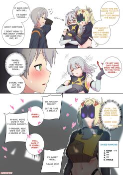 1boy 2girls absurdres belly blonde_hair blush breasts english_text gloves green_eyes grey_hair highres implied_fellatio large_breasts long_hair mask multiple_girls navel ponytail short_hair simple_background soldier_11_(zenless_zone_zero) speech_bubble sunoyukey trigger_(zenless_zone_zero) underboob white_background wise_(zenless_zone_zero) yellow_eyes zenless_zone_zero