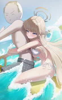 1boy 1girl absurdres bikini blonde_hair blue_archive blue_eyes breast_press breasts commentary_request doodle_sensei_(blue_archive) halo highres hug hug_from_behind long_hair maji_(majidesu3) sensei_(blue_archive) shorts sitting swimsuit toki_(blue_archive) water wet white_bikini