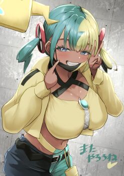 0806ohji 1girl absurdres alternate_breast_size_(larger) black_mask black_pants blonde_hair blue_hair blue_pants blush breasts canari_(pokemon) closed_eyes commentary_request gen_4_pokemon highres jacket large_breasts looking_at_viewer mask medium_hair mouth_mask multicolored_hair nintendo pants partial_commentary pokemon pokemon_(creature) pokemon_legends:_z-a purple_eyes rotom rotom_phone smile solo split-color_hair strapless tube_top two-tone_hair two-tone_mask two-tone_pants two_side_up v yellow_jacket yellow_mask yellow_tube_top