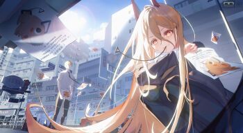 +_+ 1boy 1girl 630514344 absurdres black_jacket black_necktie black_pants brown_hair building chainsaw_man closed_mouth cloud collared_shirt commentary_request cross-shaped_pupils day denji_(chainsaw_man) fang fang_out flyer hair_between_eyes highres holding horns jacket lens_flare long_hair looking_at_viewer necktie outdoors pants power_(chainsaw_man) railing red_eyes shirt smile squatting standing symbol-shaped_pupils very_long_hair white_shirt window