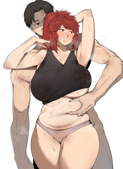 1boy 1girl age_difference aizawa_akemi arm_behind_head arm_up armpits averting_eyes bare_shoulders belly black_shirt blush breasts cameltoe cheating_(relationship) clenched_teeth clothed_female_nude_male clothes_lift collarbone covered_erect_nipples cowboy_shot dr_octojuice embarrassed female_pubic_hair grey_panties hand_up hetero huge_breasts kubota_junichirou looking_afar looking_at_another matching_hair/eyes mature_female medium_hair midriff muscular muscular_arms muscular_male navel nervous nude panties parted_lips pinching_another's_belly plump ponytail pubic_hair red_eyes red_hair shirt shirt_lift simple_background sleeveless sleeveless_shirt solo_focus standing straight-on teeth thick_thighs thighs tomo-chan_wa_onna_no_ko underwear white_background wide_hips
