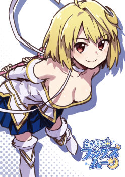 1girl arcueid_brunestud bare_shoulders blue_skirt boots breasts carnival_phantasm choker cleavage commentary_request crescent crescent_hair_ornament detached_sleeves dress from_above gold_trim hair_ornament heebee holding holding_wand leaning_forward magical_girl miniskirt phantas-moon phantasm_rod red_eyes skirt smile solo_focus thigh_boots tsukihime wand white_boots white_dress