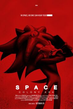 1boy alien alien:_romulus alien_(series) animal_ears asphyxiation black_doom facehugger gloves hedgehog_boy highres hyeon_sonic jewelry monochrome parody poster_parody red_background red_theme restrained ring shadow_the_hedgehog short_tail slit_pupils sonic_(series) sonic_generations sonic_x_shadow_generations tail tentacles