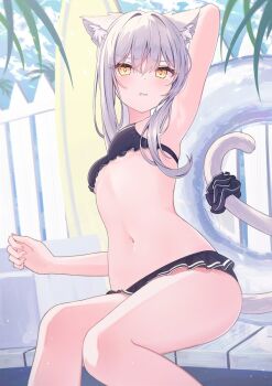 Rule 34 | 1girl, animal ear fluff, animal ears, arm up, armpits, bikini, black bikini, blush, breasts, cat ears, cat tail, cloud, cloudy sky, commentary request, cowboy shot, fence, frilled bikini, frills, frown, innertube, light particles, long hair, looking at viewer, lows., navel, original, palm tree, roa (lows.), sitting, sky, small breasts, solo, swim ring, swimsuit, tail, tree, white fence, white hair, wooden fence, yellow eyes
