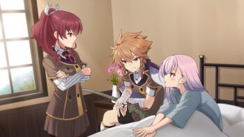 Rule 34 | 3girls, arms under breasts, bandaged arm, bandages, black shorts, blue eyes, blue shirt, braid, braided sidelock, brown eyes, brown hair, brown jacket, brown skirt, charm (object), closed mouth, collared shirt, crossed arms, flower, furrowed brow, game cg, holding, holding charm, indoors, jacket, jacket on shoulders, konohana suzuka, long sleeves, looking at another, multiple girls, necktie, non-web source, on bed, origami family's elite guard uniform, pink hair, pleated skirt, ponytail, red hair, red necktie, shidou maki (toji no miko), shirt, short hair, short sleeves, shorts, sitting, skirt, smile, standing, striped clothes, striped shirt, toji no miko, toji no miko: kizamishi issen no tomoshibi, tsubakuro yume, under covers, white jacket, window