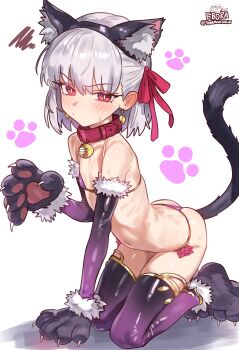 1girl absurdres anal anal_beads anal_object_insertion anal_tail animal_collar animal_ears animal_hands ass bell bikini butt_plug cat_ears cat_tail collar earrings ebora elbow_gloves fake_animal_ears fake_tail fate/grand_order fate_(series) flat_chest floating_earrings fur-trimmed_gloves fur_trim gloves grey_hair hair_ribbon highres jewelry kama_(fate) kama_(young)_(fate) kneeling looking_at_viewer navel neck_bell non-web_source object_insertion paw_gloves paw_print paw_print_background petite purple_bikini purple_gloves purple_thighhighs red_eyes ribbon ribs sex_toy short_hair simple_background solo swimsuit tail thighhighs twitter_username