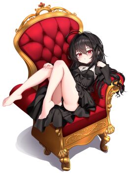 Rule 34 | 1girl, absurdres, armchair, barefoot, black dress, black hair, black panties, blush, breasts, chair, commission, dress, earrings, eyebrows hidden by hair, full body, hair between eyes, hand on own knee, highres, jewelry, kiari art, knees up, large variant set, long hair, looking at viewer, original, panties, pantyshot, red eyes, simple background, sitting, small breasts, toes, underwear, variant set