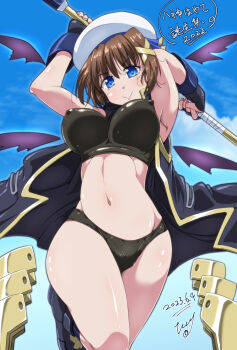 bikini black_bikini blue_eyes breasts brown_hair closed_mouth covered_erect_nipples hair_ornament hat highres large_breasts looking_at_viewer lyrical_nanoha magical_girl mahou_shoujo_lyrical_nanoha_strikers navel outdoors short_hair sky smile staff swimsuit tappa_(esperanza) x_hair_ornament yagami_hayate