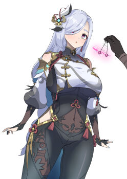 1girl 1other blue_eyes blue_hair bodysuit breasts genshin_impact large_breasts long_sleeves shenhe_(genshin_impact) simple_background twitter white_background ynfkin