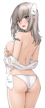 1girl ass bare_shoulders blush breasts bright_pupils commentary_request covering_breasts covering_privates elf_(stroll_in_the_woods) english_text girls_und_panzer grey_eyes grey_hair highres itsumi_erika large_breasts long_hair looking_at_viewer off_shoulder open_mouth panties shirt simple_background solo speech_bubble surprised underwear undressing white_background white_panties white_pupils white_shirt