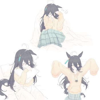 1girl absurdres ahoge animal_ears animal_print arms_up cat_print closed_eyes closed_mouth commentary crossed_bangs dot_mouth drawstring ear_ornament ear_tag earrings ears_down english_commentary english_text grey_skirt hair_between_eyes highres horse_ears horse_girl horse_tail hugging_object jewelry long_bangs long_hair long_hair_between_eyes makop manhattan_cafe_(umamusume) multicolored_hair multiple_views pillow pillow_hug plaid_clothes plaid_skirt simple_background single_earring sitting skirt sleepy sleeves_past_fingers sleeves_past_wrists squeans tail umamusume very_long_hair white_background white_hair