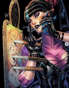 1girl batman_(series) black_dress black_hair black_lips blonde_hair blush_stickers breasts commentary dartboard dc_comics dress ear_piercing english_commentary eyeshadow gloves guillem_march harley_quinn highres knife makeup multicolored_hair phone picture_frame piercing ponytail punchline_(dc) throwing_knife two-tone_hair weapon