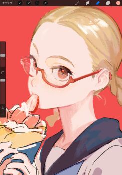 1girl art_program_in_frame blonde_hair braid commentary_request crepe eyelashes food food_in_mouth fruit glasses highres holding holding_crepe holding_food juusan_kihei_bouei_ken kisaragi_tomi looking_at_viewer mossan351 parted_hair red-framed_eyewear red_background school_uniform semi-rimless_eyewear serafuku solo strawberry strawberry_slice twin_braids unfinished upper_body