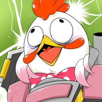 Rule 34 | 1girl, armor, bow, bowtie, chicken mask, commentary request, green background, iyofika, lowres, mascot head, mechanic (ragnarok online), newtype flash, open mouth, pink armor, polka dot, polka dot bow, polka dot bowtie, ragnarok online, red bow, red bowtie, solo, upper body