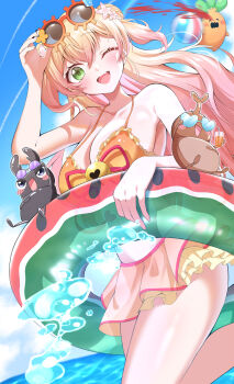 1girl absurdres adjusting_eyewear alternate_costume ball beachball bikini bikini_skirt blonde_hair blood blue_sky blush breasts cleavage commentary_request crossed_bangs day double_bun drink eyewear_on_head fang flower food_print frilled_bikini frills fruit_print gradient_hair green_eyes hair_bun hair_flower hair_ornament hercules_beetle highres holding holding_drink hololive innertube large_breasts long_hair looking_at_viewer momosuzu_nene multicolored_hair nekko_(momosuzu_nene) nosebleed ocean one_eye_closed open_mouth orange-framed_eyewear orange_bikini outdoors personification pink_flower pink_hair rhinoceros_beetle round_eyewear setsuna_(l9in1cszw3f6qsq) sidelocks sky smile standing standing_on_one_leg sunglasses swim_ring swimsuit teeth two_side_up upper_teeth_only virtual_youtuber watermelon_print