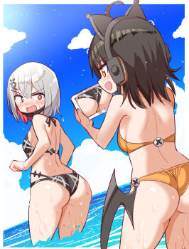 2girls animal_ear_headphones animal_ears ass bikini black_bikini black_hair blush breasts cat_ear_headphones cat_ears cellphone colored_inner_hair commentary_request commission constricted_pupils cougar_(cougar1404) fake_animal_ears grey_hair halterneck headphones holding holding_phone mahou_shoujo_no_majo_saiban medium_breasts medium_hair multicolored_hair multiple_girls nose_blush ocean open_mouth orange_bikini phone red_eyes red_hair sawatari_coco shito_alisa skeb_commission small_breasts smartphone swimsuit taking_picture wading water yellow_eyes