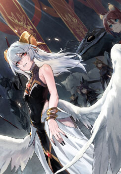 2others 5girls ant armor black_armor black_dress black_nails bracelet bug cover_image dress feathered_wings floating floating_object floating_sword floating_weapon gem goat_horns gold_bracelet grey_hair highres horns insect jewelry kerry_(ougon_no_keikenchi) long_hair low_wings marion_(ougon_no_keikenchi) multicolored_dress multiple_bracelets multiple_girls multiple_others nail_polish official_art ougon_no_keikenchi pointy_ears rare_(ougon_no_keikenchi) red_eyes red_gemstone remy_(ougon_no_keikenchi) riley_(ougon_no_keikenchi) shimotsuki_shio sleeveless sleeveless_dress smirk sword weapon white_dress white_wings wings wolf