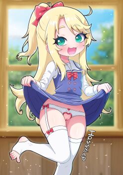 1girl :d absurdres artist_name blonde_hair blue_dress blurry blurry_background blush bow cleft_of_venus clothes_lift clothing_cutout crotch_cutout crotchless crotchless_panties depth_of_field dress dress_lift foot_out_of_frame garter_straps green_eyes hair_bow hassylep highres himesaka_noa indoors lifting_own_clothes loli long_hair long_sleeves no_shoes open_mouth panties pinafore_dress ponytail pussy pussy_cutout red_bow school_uniform shirt sleeveless sleeveless_dress smile solo standing standing_on_one_leg stirrup_legwear thighhighs toeless_legwear uncensored underwear very_long_hair watashi_ni_tenshi_ga_maiorita! white_shirt white_thighhighs window