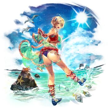 ass beach blonde_hair breasts feet fiore_(octopath_traveler) looking_back medium_breasts octopath_traveler octopath_traveler:_champions_of_the_continent official_alternate_costume official_art outdoors sandals sideboob smile swimsuit thighs