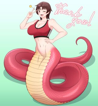 1girl ;d absurdres breasts brown_eyes brown_hair cleavage commentary_request commission english_text hand_on_own_hip highres kiria021 lamia large_breasts looking_at_viewer medium_hair monster_girl navel one_eye_closed open_mouth original pixiv_commission red_scales red_sports_bra smile solo sports_bra stomach teeth thank_you tongue upper_teeth_only v