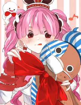 1girl absurdres blunt_bangs blush bow bowtie capelet commentary_request highres holding holding_stuffed_toy kumacy long_sleeves mask mouth_mask musical_note one_piece perona red_bow red_bowtie red_capelet solo stuffed_toy tongue tongue_out twintails u_mi031 upper_body