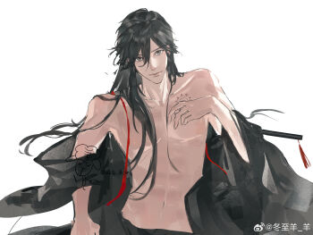 1boy abs absurdres artist_logo bare_pectorals bishounen black_hair black_hanfu branded chenqing_flute chinese_clothes closed_mouth collarbone dizi flute grey_eyes hair_between_eyes hair_down hair_ribbon half_updo hanfu highres instrument logo long_hair looking_at_viewer male_focus modao_zushi navel off_shoulder official_alternate_hairstyle open_clothes open_robe pectorals red_ribbon ribbon robe scar scar_on_chest shenzhang10011 sidelocks simple_background sitting smile solo toned toned_male topless_male transverse_flute upper_body watermark wei_wuxian wei_wuxian_(yiling_laozu) weibo_watermark white_background wide_sleeves
