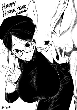 1girl 2026 artist_name blush breasts chinese_zodiac commentary english_commentary f.w.zholic glasses hanging_breasts hat highres horse huge_breasts large_breasts leg_on_another's_shoulder mole mole_under_eye monochrome original sagging_breasts sweatdrop v veins year_of_the_horse